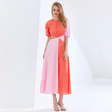 Summer Patchwork Dress Women Puff Sleeves High Waist #2