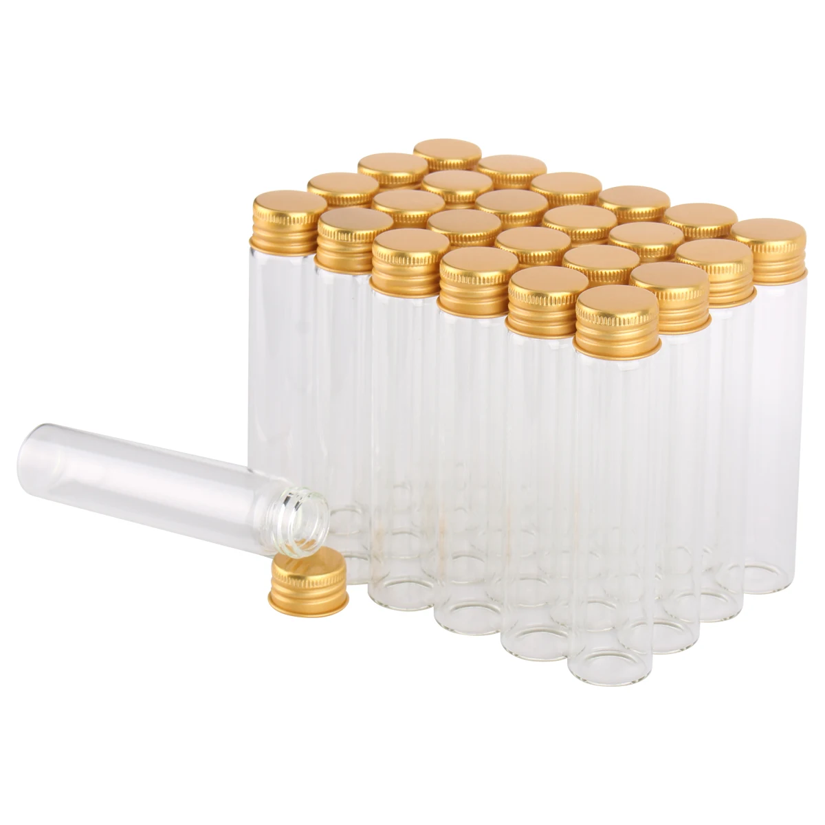 24 pieces 25ml Transparent Glass Spice Bottles with Golden Aluminum Lids 22*100mm Pill Container for Art DIY Crafts