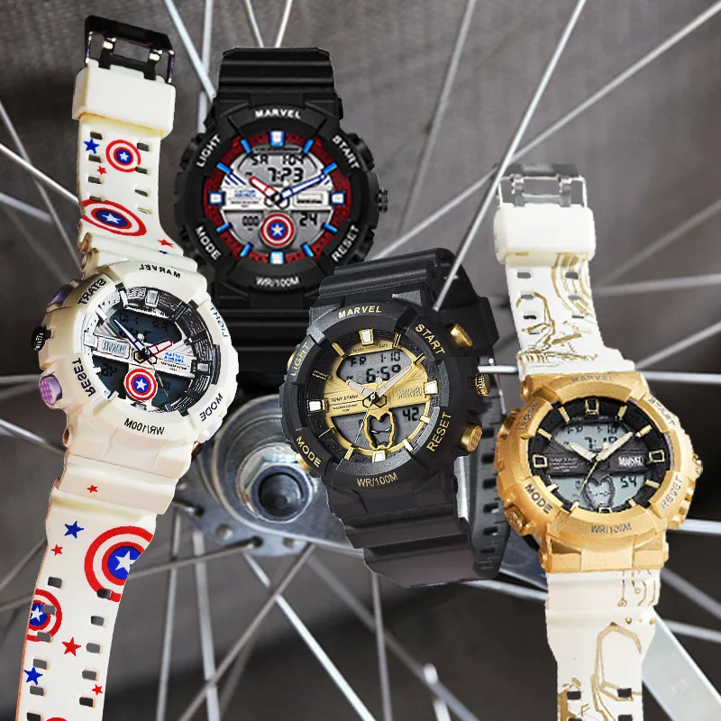 Marvel-Reloj de pulsera deportivo de doble pantalla para niños, cronómetro impermeable de 100M, con pantalla de los vengadores, Capitán América, Spider Man