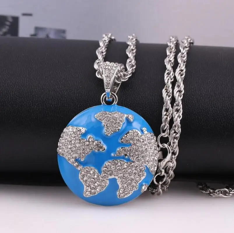 Osobowość mody niebieski ziemia wisiorek naszyjnik pozłacany Iced Out Chain Rhinestone naszyjnik Unisex Rock Hip Hop biżuteria