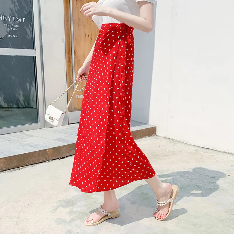 One-piece Chiffon Polka Dot Holiday Beach Long Big Women Korean Sexy Vintage Red Bandage Summer Floral Skirt Tulle Skirts Womens