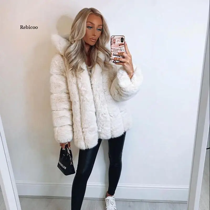 Fluffy Hooded faux fur coat women winter coats Thick Warm Long Sleeve Fur Jacket  Winter Fur Coats