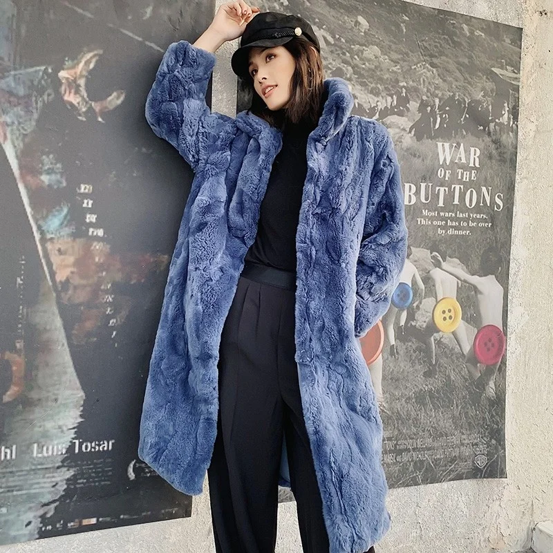 Winter New Women Real Rex Rabbit Fur Coat Female Long Shearling Jacket Colors Warm Loose Fit Hairy Soft Real Fur Overcoat