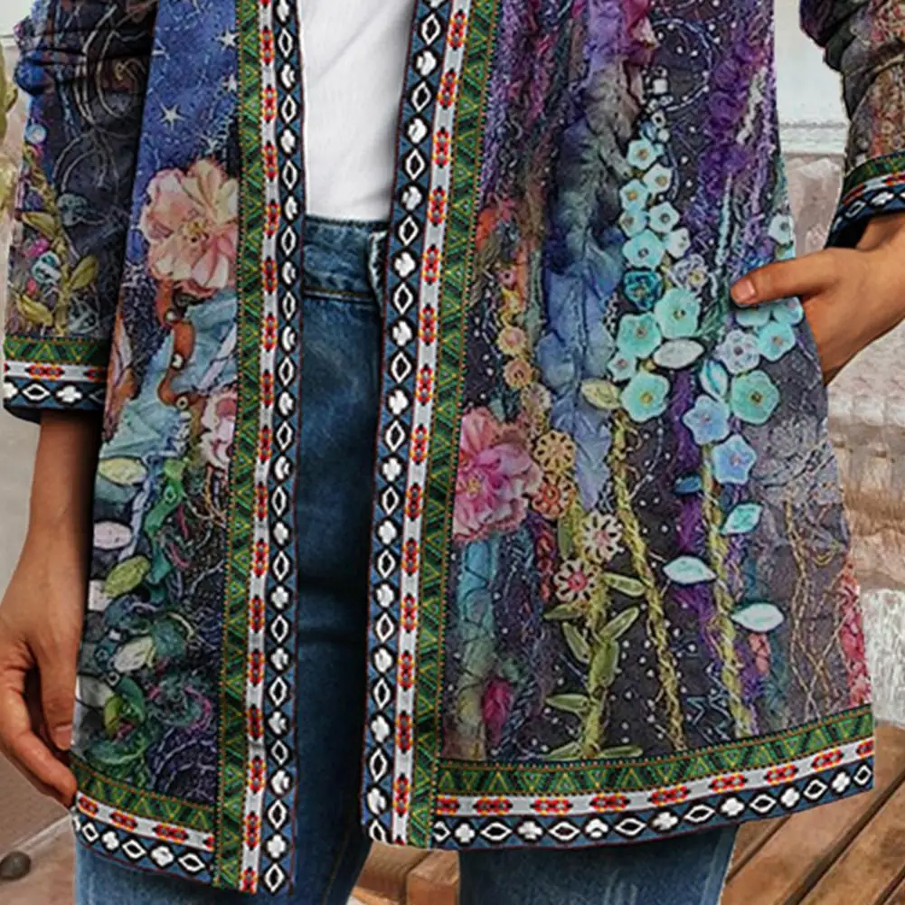 Autumn and winter cardigan women\'s retro and novel ethnic floral print long-sleeved tunic jacket women\'s loose jacket chic top