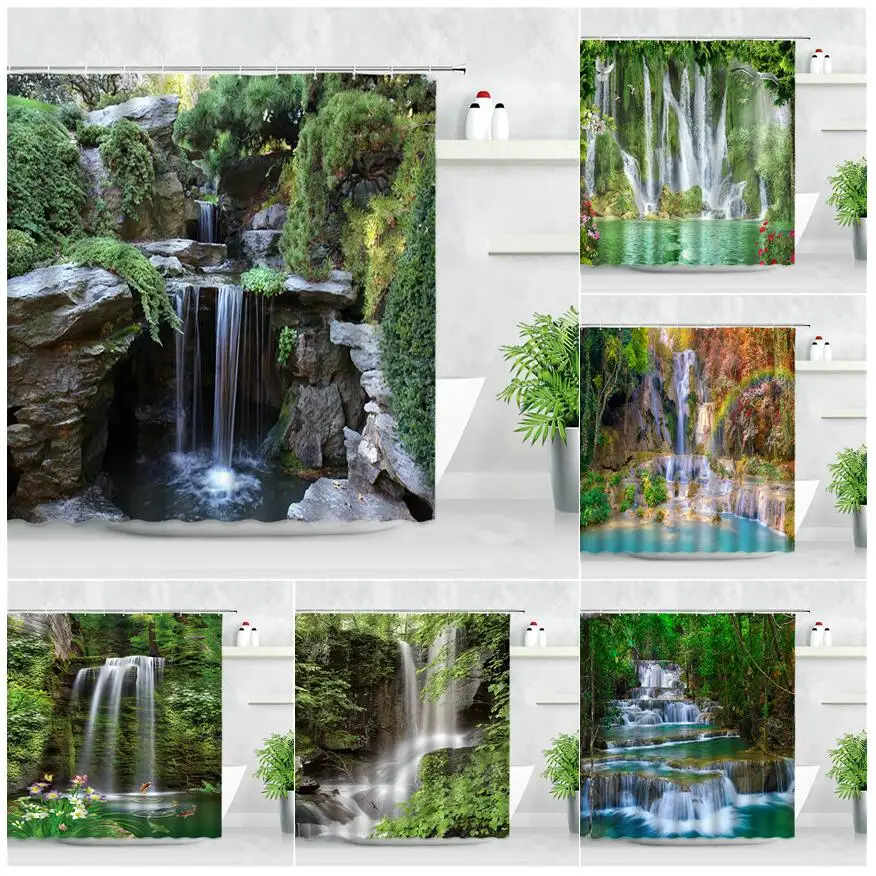 Jungle Waterfall Shower Curtain Set Green Plants Running Water Natural Landscape Modern Waterproof Home Decor Bathroom Curtains