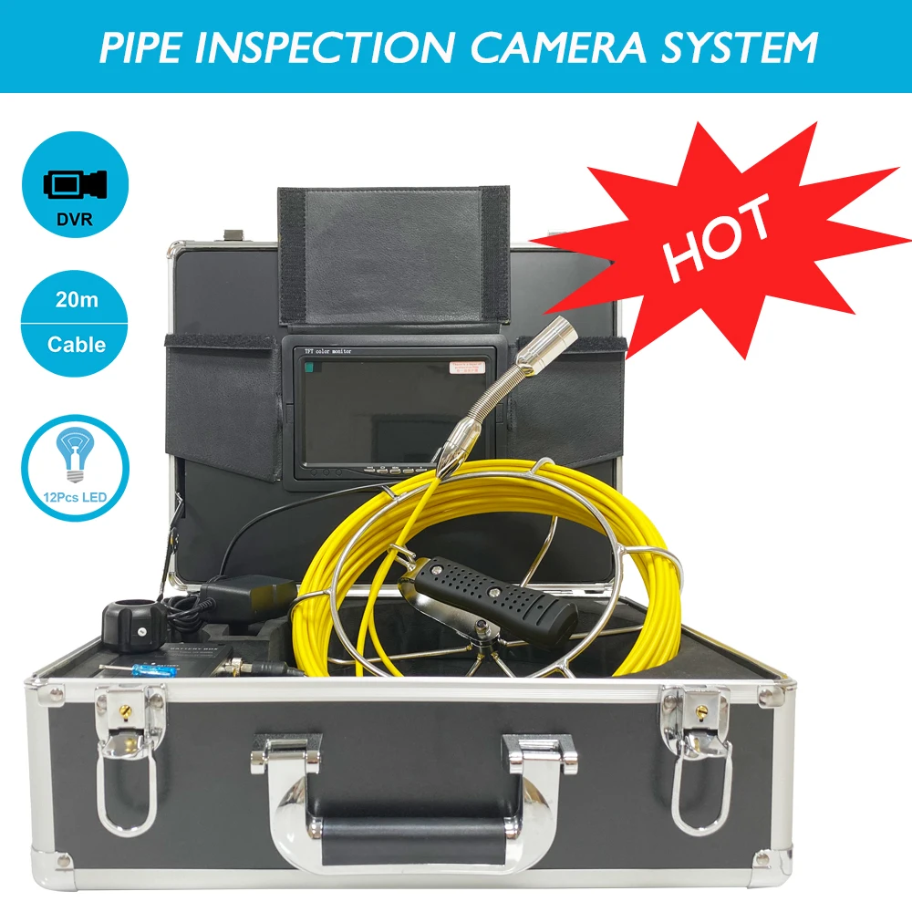 

23mm Pipe Video Endoscope Camera 12pcs LEDS 7" 20m Cable Sewer Drain Industrial Pipeline Inspection System 12V4500mAh Battery