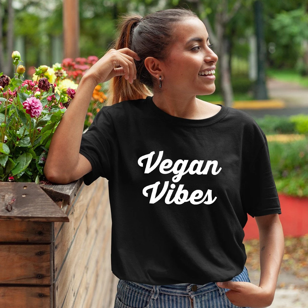 Vegan Vibes 100%Cotton T-shirt Casual Women Veganism Plant Based Tees Tops Unisex Animal Rights Activist Tshirt Drop Shipping