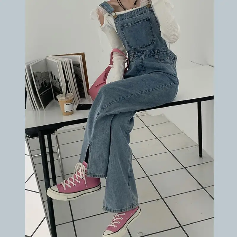 Jumpsuit Wanita Denim Antik Gaya Korea Split Streetwear Siswa Semua Cocok Bergaya Desainer Baru Celana Panjang Lurus Perempuan