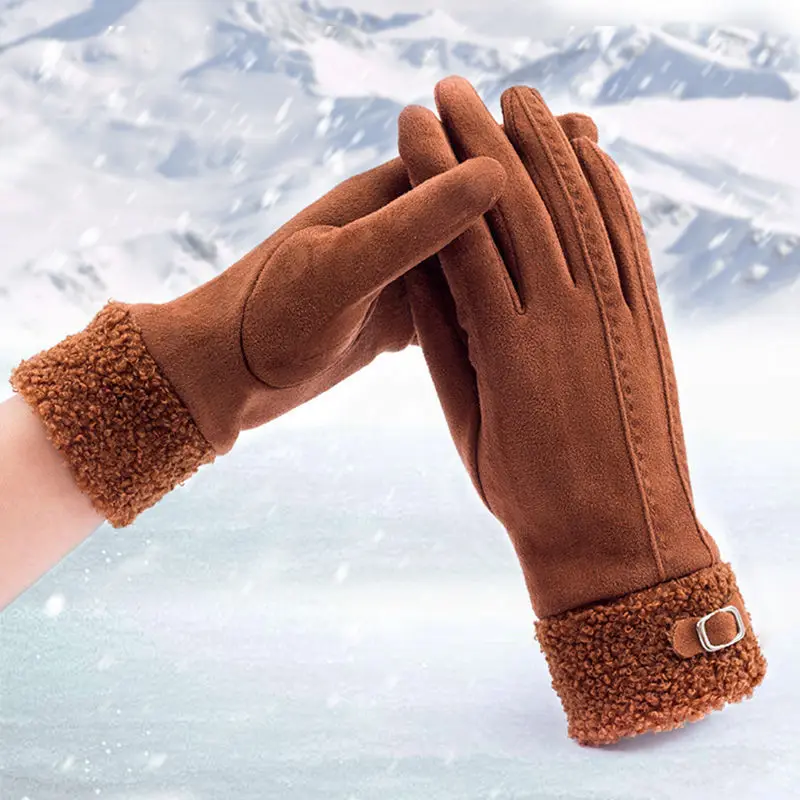 Winter Suede Leather Internal Plush Thicken Touch Screen Driving Gloves Woman\'s Outdoor Riding Belt Embroidery Warm Gloves R28