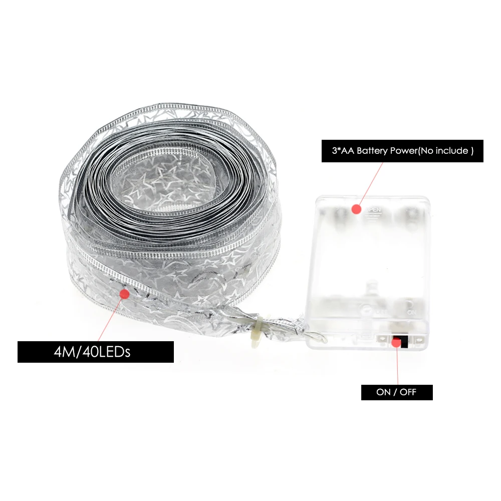 LED Silk Ribbon String Fairy Lights 4M 40 Leds  For Christmas Wedding Party Decoration Package Ribbon