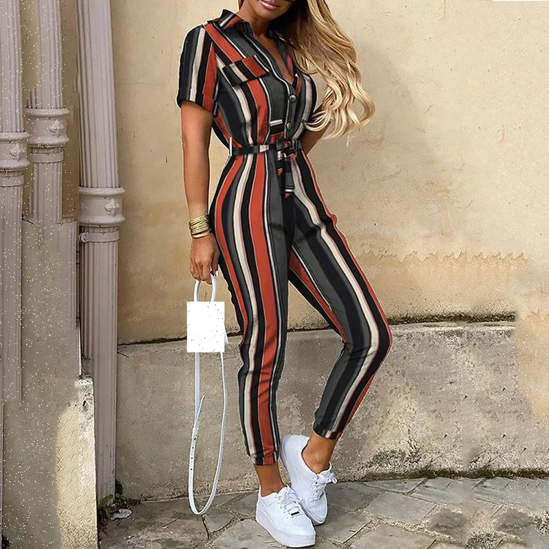 Women Jumpsuits Striped Printed Shorts Sleeve Bodysuits Waistband Streetwear Casual Overalls Catsuits Rompers Cargo Pants 2XL