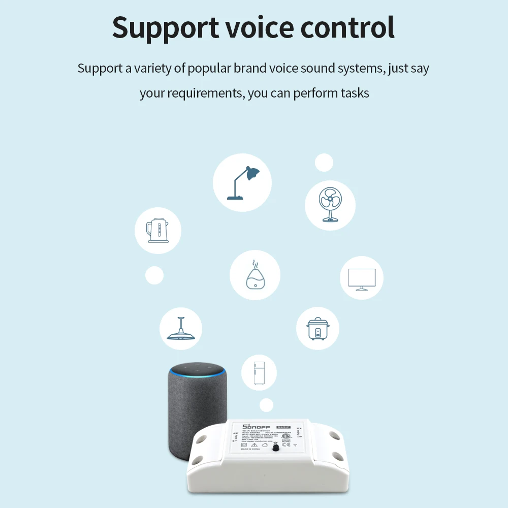 Sonoff-interruptor básico R2 para automatización del hogar, módulo inalámbrico de bricolaje con WiFi, temporizador de encendido y apagado remoto, funciona con Alexa