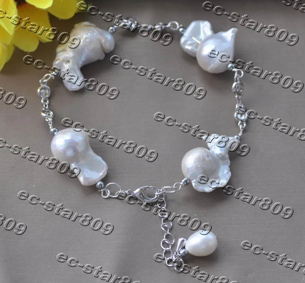 

Z11250 8"~10" 22mm White Baroque Keshi Pearl CZ Chain Bracelet Woman Fashion Jewelry