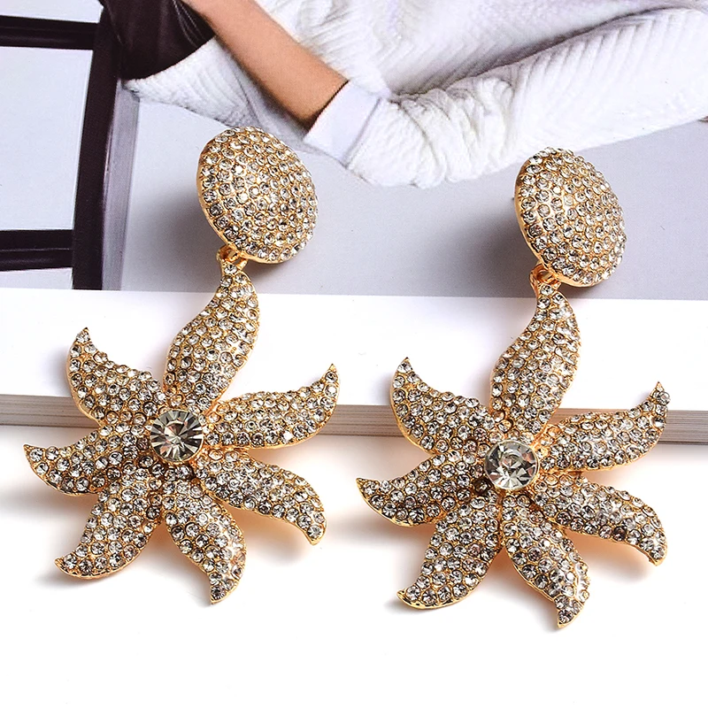 New Style Long Gold Color Metal Flower Drop Earrings Crystals High-Quality Rhinestone Jewelry Accessories For Women