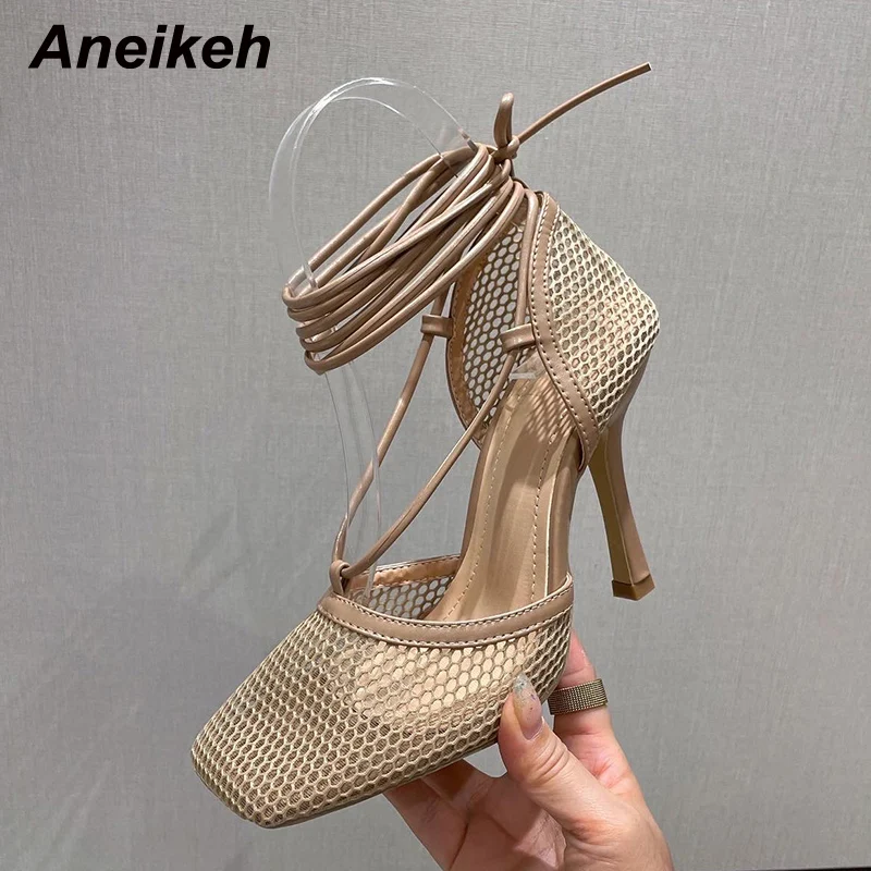 Aneikeh Summer Fashion Beach Mesh Hollow Out Sandals Women\'s Cross Lace Up Thin Heel High Heels 2024 Sexy Zapatillas Mujer 35-41