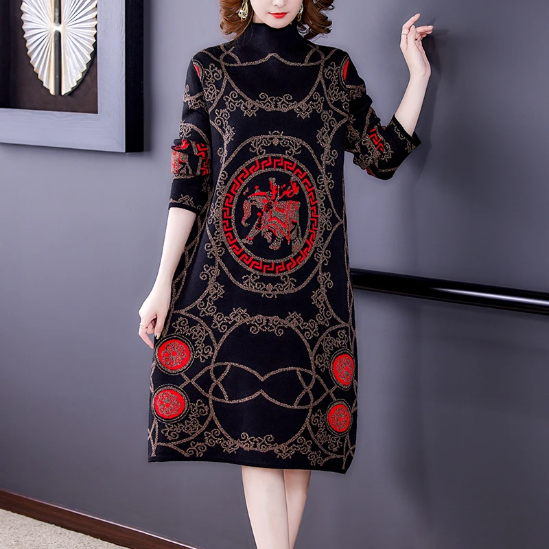 Suéter de lana con estampado negro para mujer, vestido Midi Vintage de punto, jersey de cuello alto, elegante, ajustado, otoño e invierno, 2024