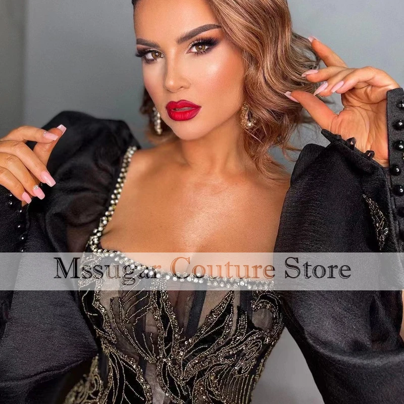 2021 New Black Mermaid Evening Dresses Appliques Beading Longsleeves Prom Dress robe de soirée de mariage