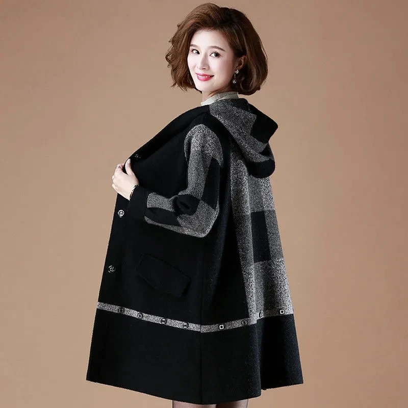 2023New Winter Mink Velvet Plaid Jacket Mother\'s Woolen Coat Women 5XL Outwear Middle-Aged Ladies Tops Long Overcoat