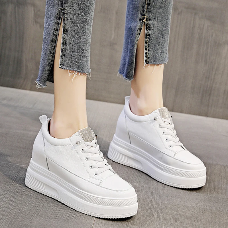 Genuine Leather Casual Women Shoes High Heels Chunky Sneakers Women 2021 Summer Breathable Mesh White Shoes Woman Sneakers