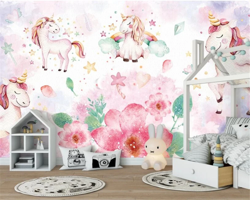 Customized size wallpaper Nordic flamingo unicorn children's room decoration wallpaper pink princess room decoration painting