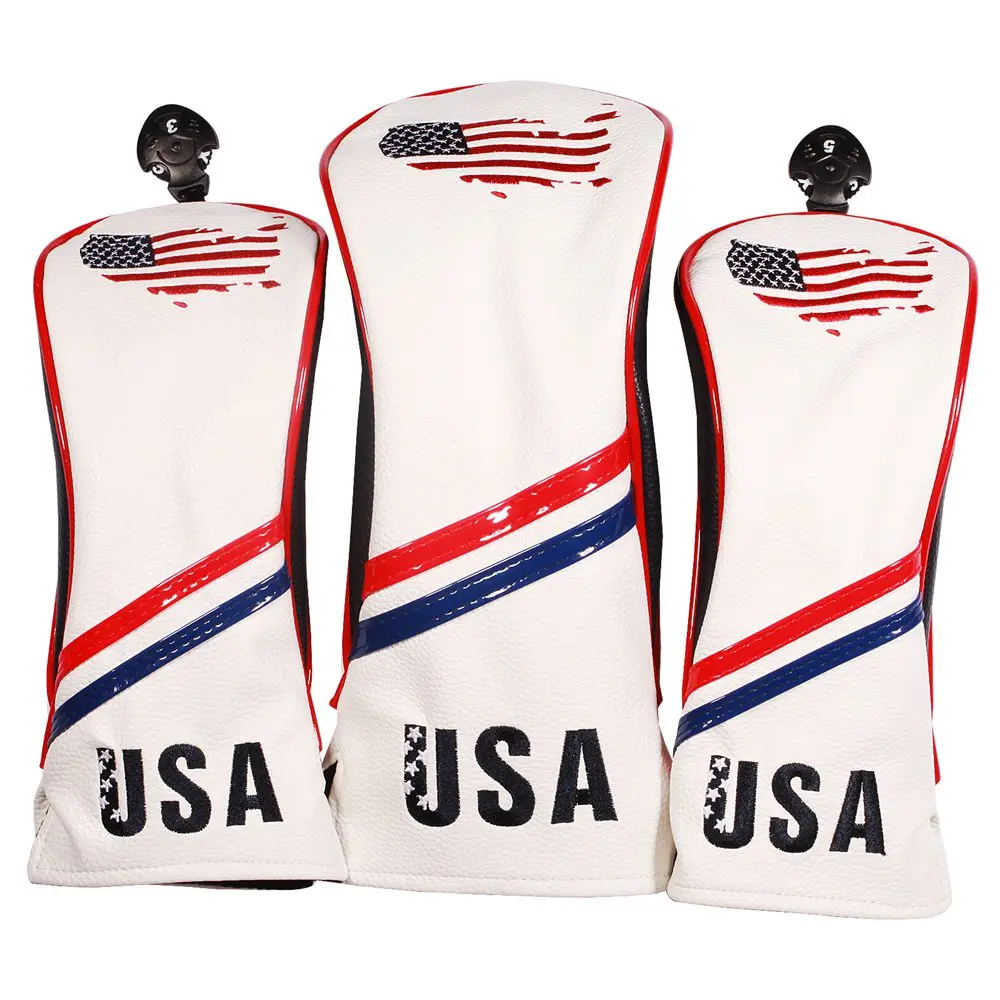 3 Pieces Universal Golf Club Head Covers Protector 460cc Driver Wood Headcovers Set & No. Tags - USA Flag Design