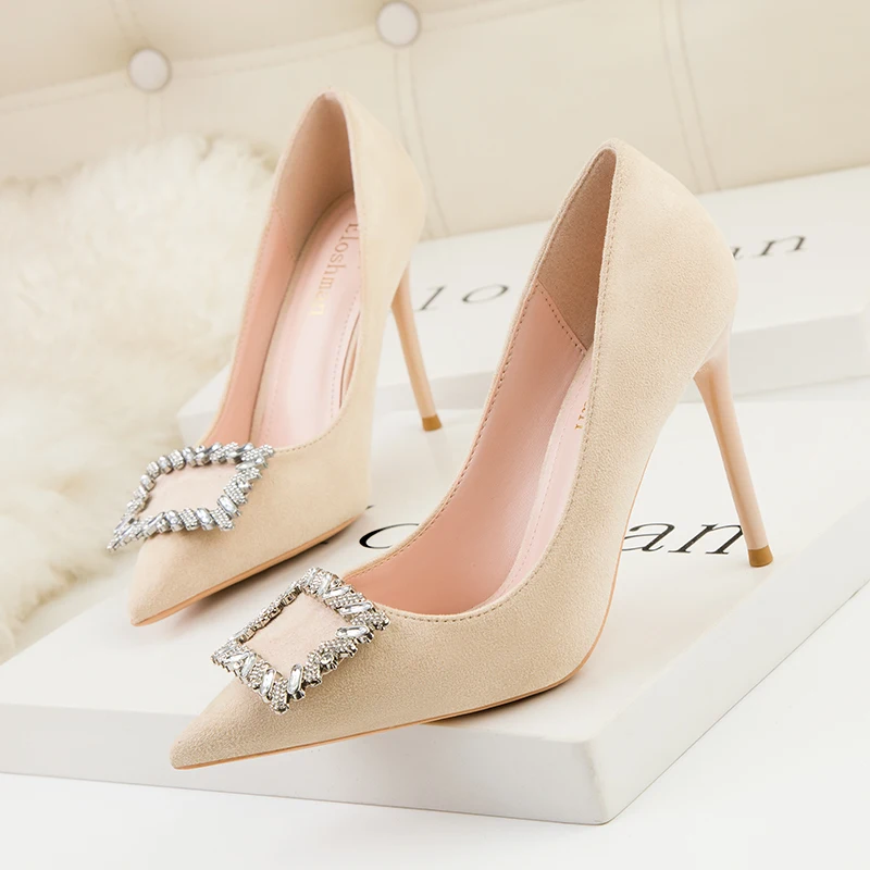 Sexy Korean Suede Women Pumps New Elegant Crystal Metal Buckle Women's High Heel Shoes Autumn Shallow Dress Office Shoe