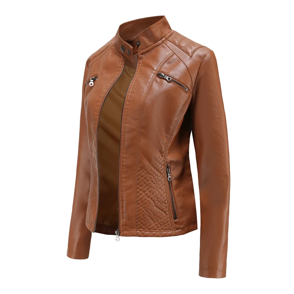 Spring New Casual Women Leather Jacket Stand Collar Slim Fit Short PU Leather Coat Solid Classic Female Outerwear