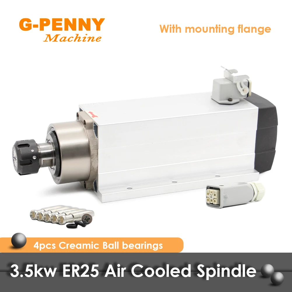 Motor de Eixo Refrigerado a ar Rolamentos Cerâmicos tipo Quadrado com Flange Usado para Fresadora Cnc Refrigerado a ar 3.5kw Er25