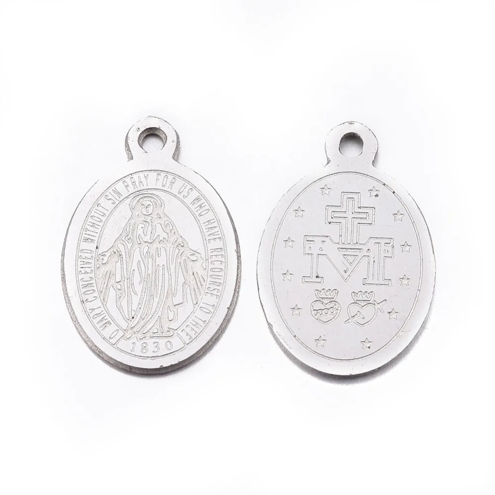 100 pc 304 Stainless Steel Oval with Virgin Mary Charms Pendants jewelry making 14x9x0.8mm, Hole: 1mm