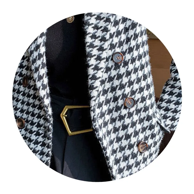 Temperament small suit houndstooth woolen coat thickened new autumn and winter jacket with waist bag