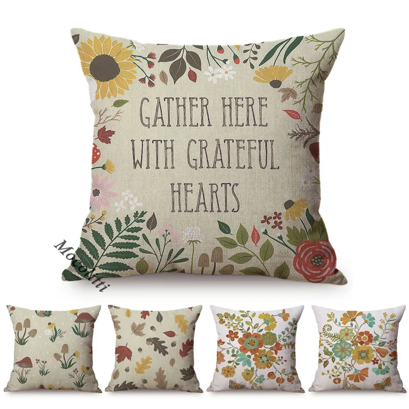 Light Grey Floral Green Plant Flower Harmony Home Art Sofa Decorative Throw Pillow Case Cotton Linen Square Cushion Cover