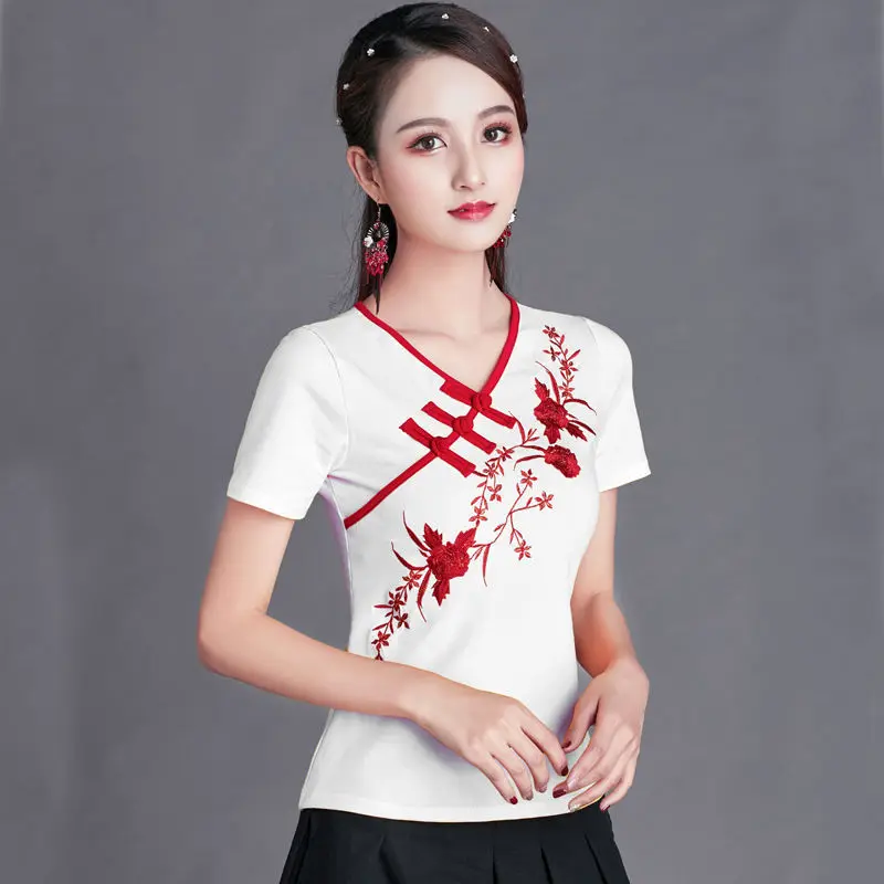 Cheongsam Womens Plus Size Short Tops 2024 Summer Fashion Cotton Blend Embroidery Cheongsam Slim fit Chinese Qipao Shirts Woman