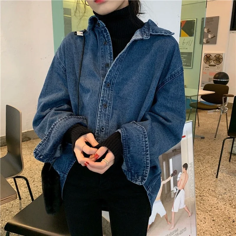 Denim Jackets Women Turn-down Collar Loose Leisure Coats Single Breasted Solid Retro Elegant Streetwear All-match Ulzzang S-5XL