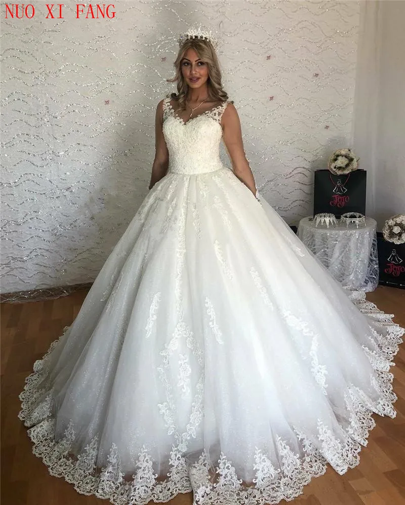 Vestido De baile De princesa vestidos De Novia 2020 ilusión mangas largas blanco hinchado tul Vestido De Novia encaje Appliques saknia slubna