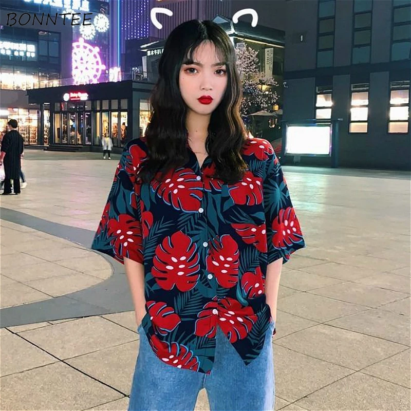 Blouses Women Retro Printed Ulzzang Summer Chic Design Turn-down Collar Womens Shirts Fashion Casual All-match Ladies Korean Top