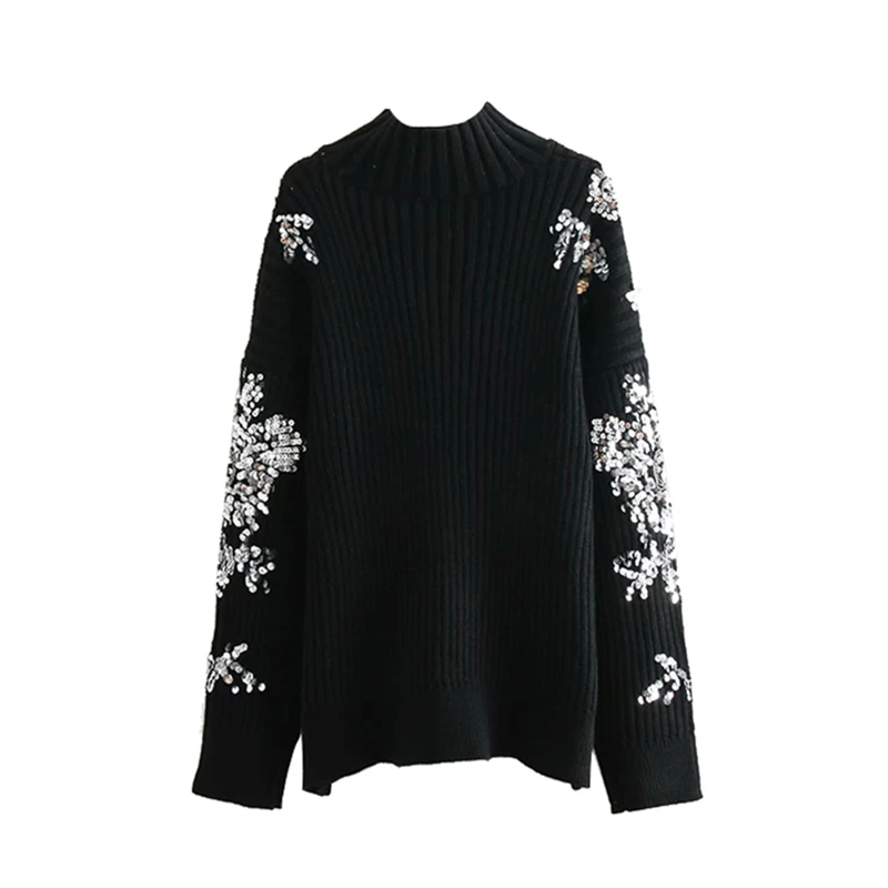 Women Fashion Beading Sequins Loose Knitted Sweaters Vintage High Collar Long Sleeve Female Pullovers Chic Tops