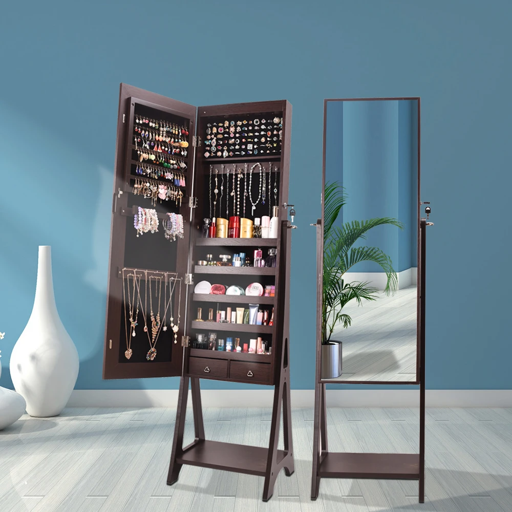 Full Body Makeup Mirror Cabinet Jewelry Box Standing 2 Drawer 5 Layer Storage Shelf Rack Wood Pattern Brown Including LED[US-W]