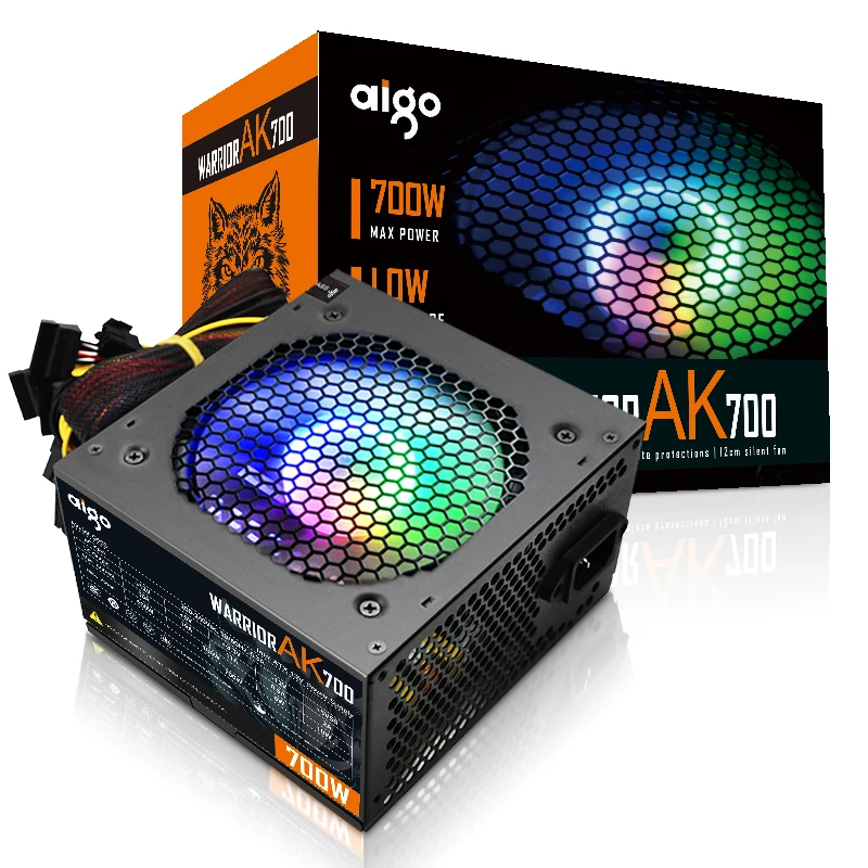 Aigo AK 700W PC PSU Unit Catu Daya Hitam Gaming Senyap 120Mm Rgb Fan 24pin 12V ATX Desktop Komputer Power Supply untuk BTC