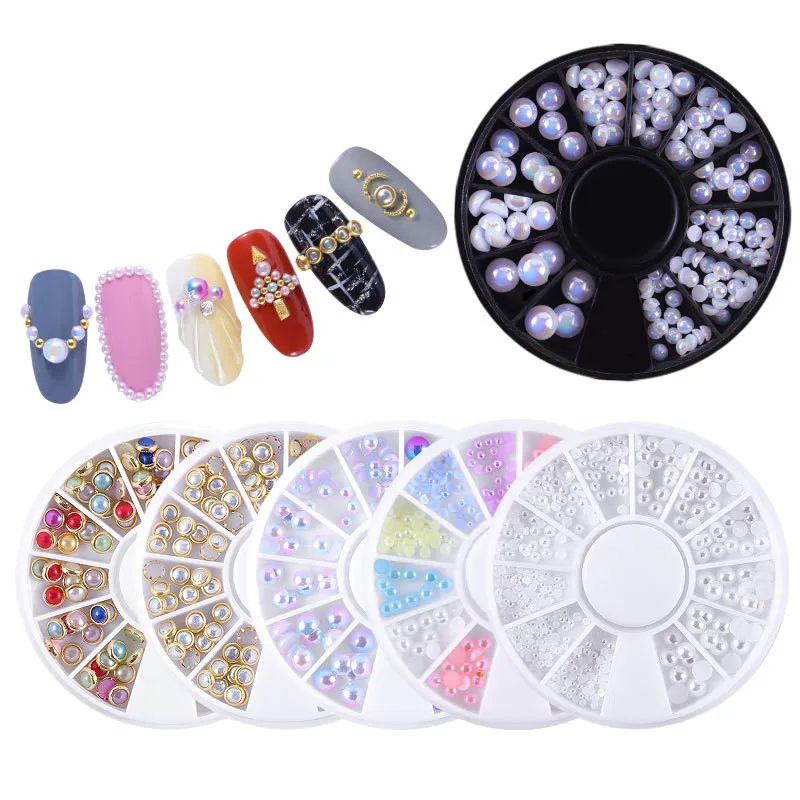 

8 Box Imitation Pearl Nail Rhinestones 3D Mix Crystal Glitter Design Manicure DIY Candy Beads Nail Charm Pearl Wheel Decoration