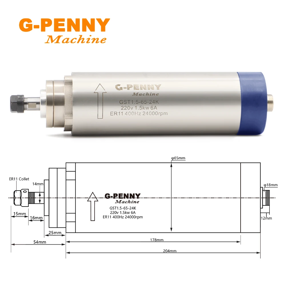 G-penny 1.5kw ER11 air cooled spindle 24000rpm air cooling 400Hz 4 bearings 65x204mm & 1.5kw VFD/ Inverter & 65mm bracket