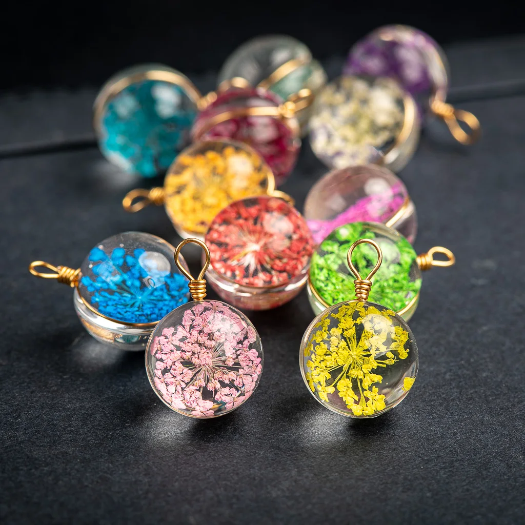 16#5pcs Glod Colors Dried Flowers Gloden Cabochon Glass Charm Necklace Pendant Charms For Jewelry Making DIY Accessories #XN174