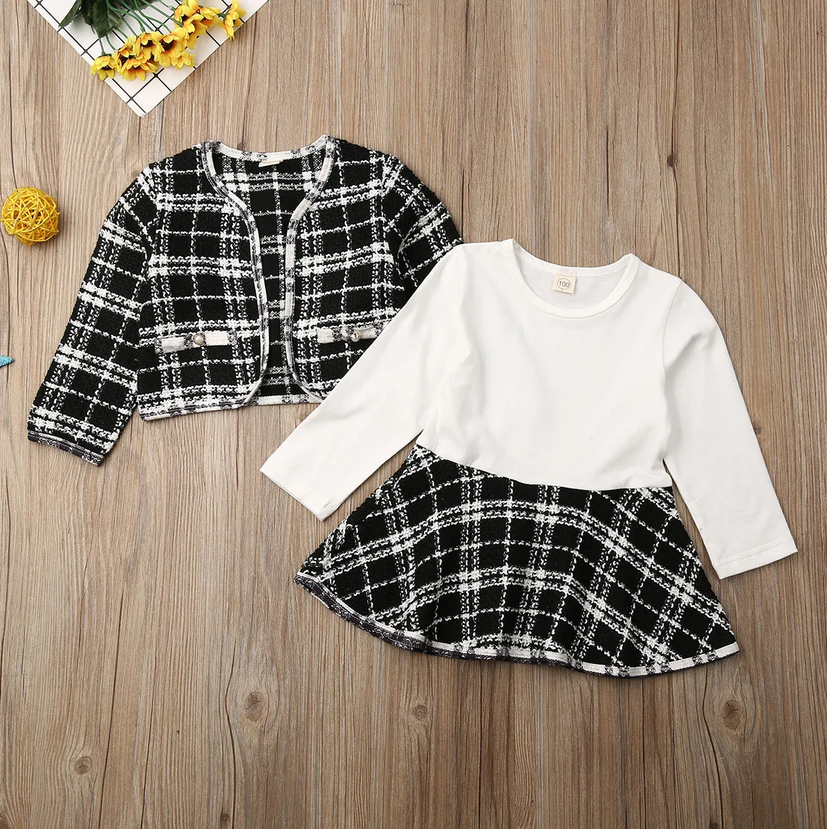 2019 Autumn New 1-6 Year Kids Baby Girls Clothes Set Long Sleeve Plaid Coat Tops+mini Dress 2Pcs Warm Outfits