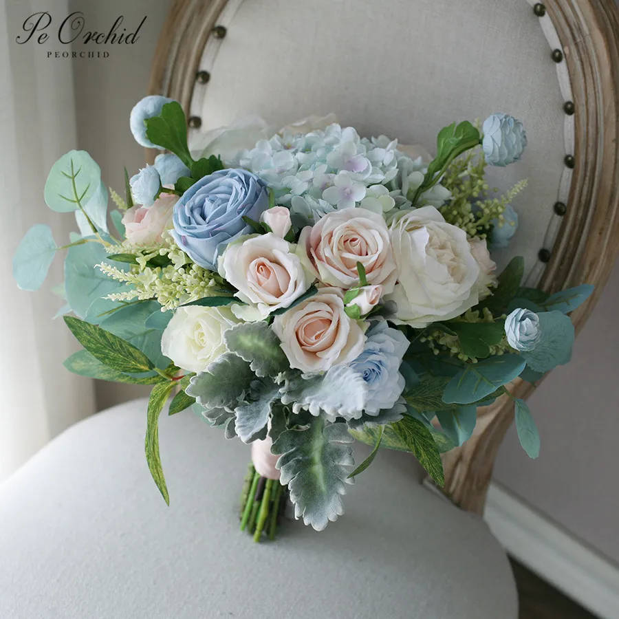 PEORCHID Bridal flower Tiffany Blue Wedding Bouquet Rose Peonies Artificial Bouquet Hydrangea Bride Home Decoration