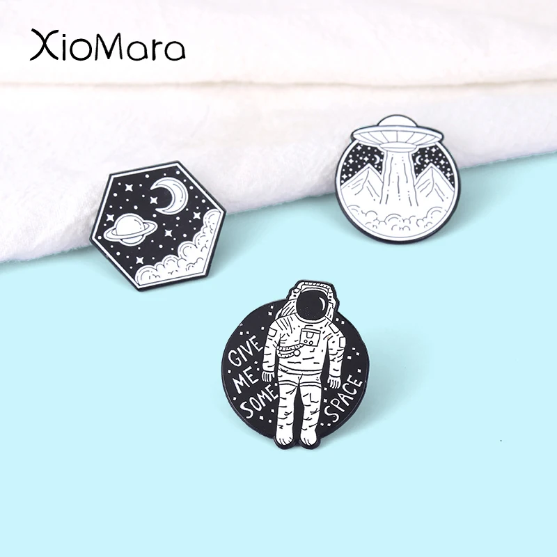 Astronaut Enamel Pin UFO Star Moon Mountain Galaxy Black/white Badges Space Brooches Gift for Universe Planets Lover