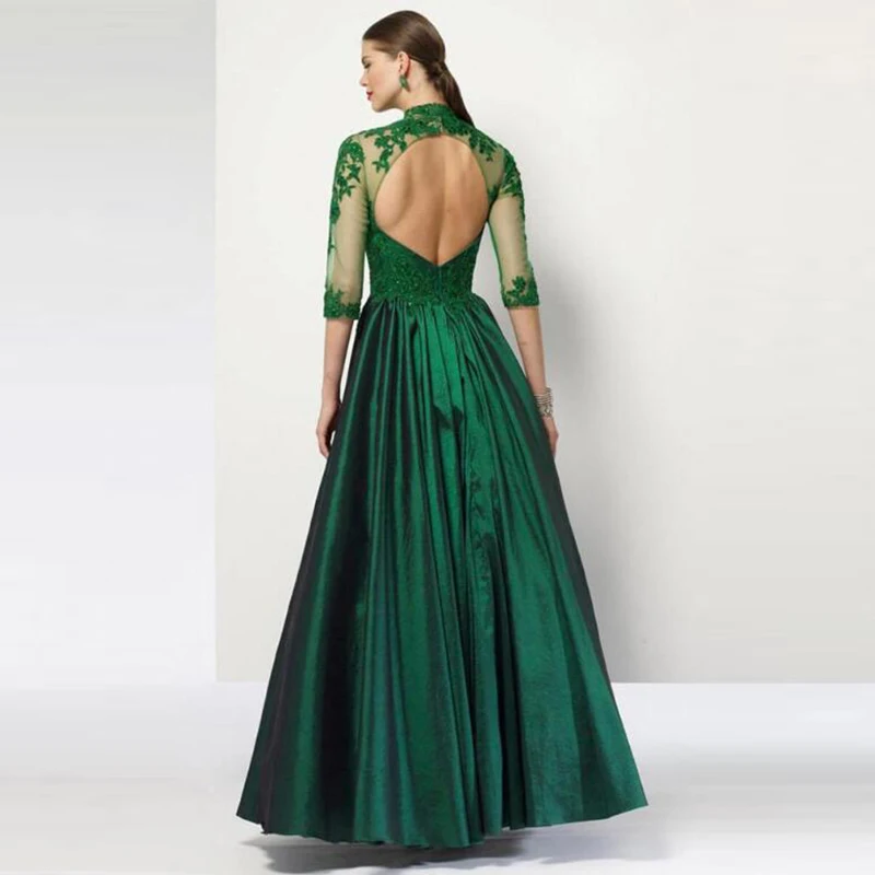 Robe trapèze en dentelle verte pour mère de la mariée, magnifique, col haut, manches trois quarts, fête de mariage, quel que soit le dos, 2020