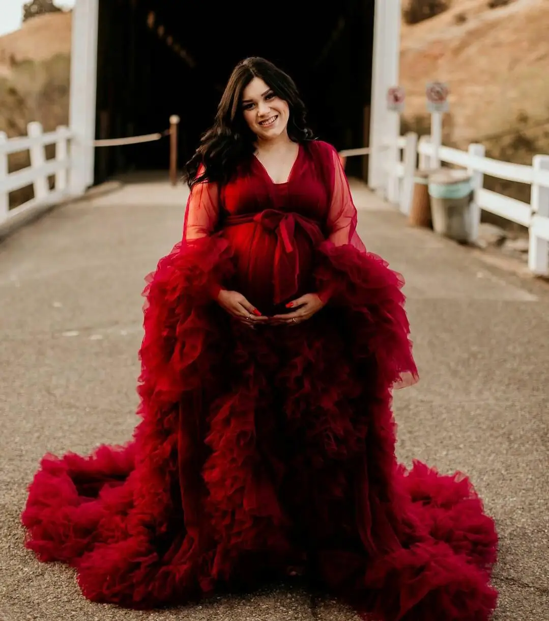 Bruids Pluizige Lange Avondjurken Moederschap Gewaden Custom Made Wijn Rode Vrouwen Fotoshoot Toga Strand Verjaardagsfeestje Tulle Robe