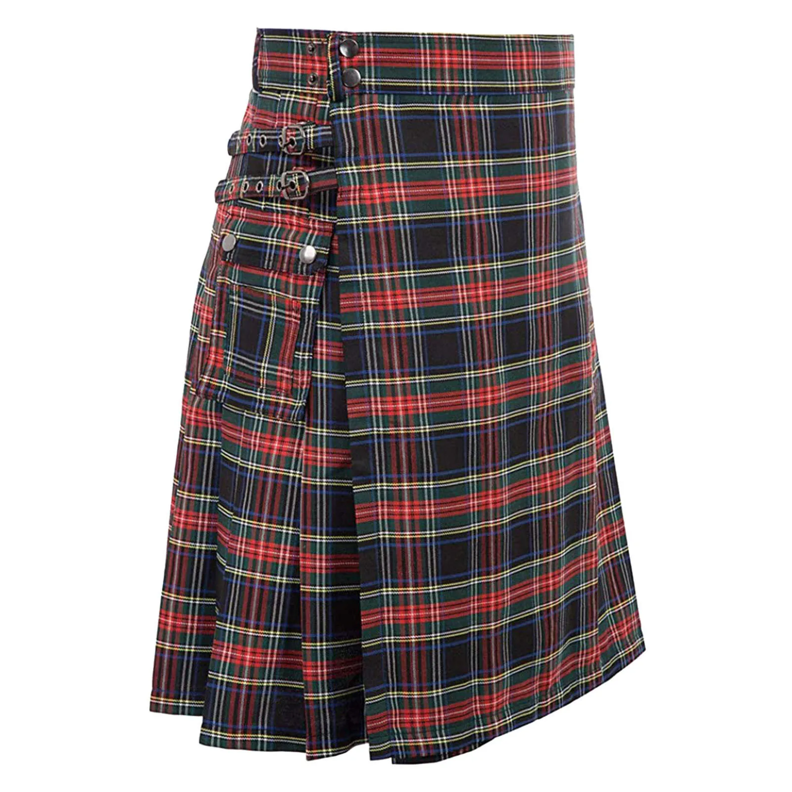 Casual Shorts Pleated Skirt Scotland Plaid Contrast Color Pockets Solid Casual Autumn Fashion Scottish Style Mens Skirt 4