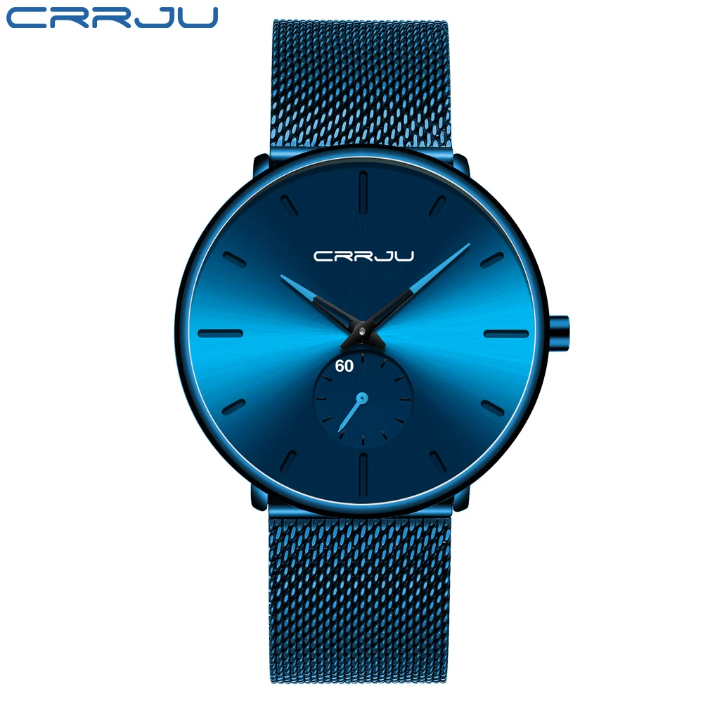 CRRJU New Watches Mens 2019 Man Fashion Simple Stainless Steel Blue Thin Watch For Men Luxury Casual Waterproof Quartz Clock