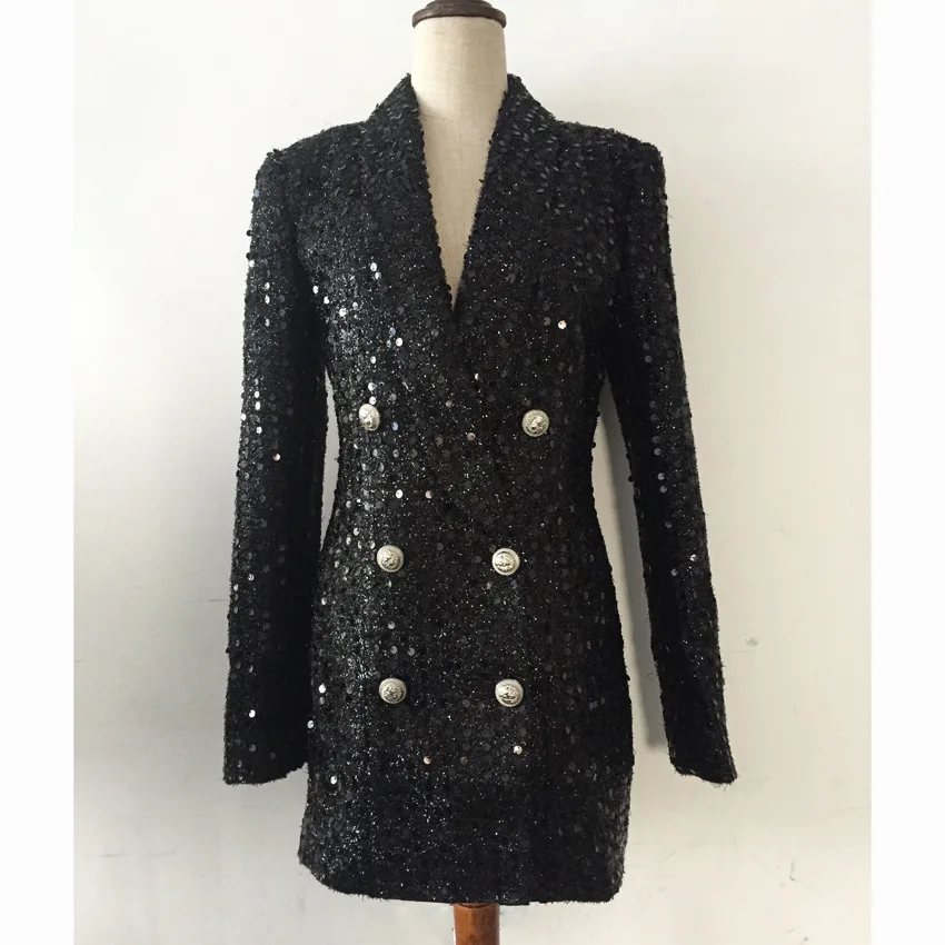 HarleyFashion Women Luxury Design Bling Bling Sequined Black Long Blazer Outerwear Quality Slim Blazers