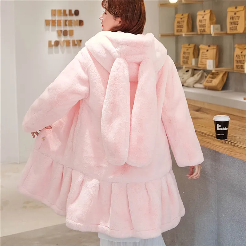 

UHYTGF Rabbit Ear Hooded Fur Coat Women Rex Rabbit Fur Long Jacket Cute Furry Coat Women faux fur coat Autumn Winter Clothes 586